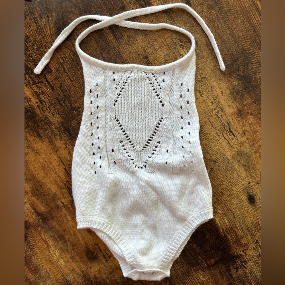 Crochet cream halter romper, 3-6M